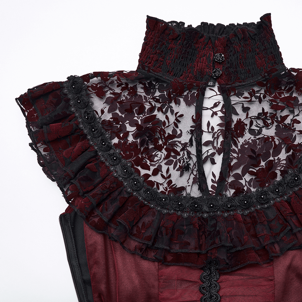 Gothic Red Lace and Mesh Flying Sleeve Maxi Dress with elegant lace ruffles and a stand-up collar.