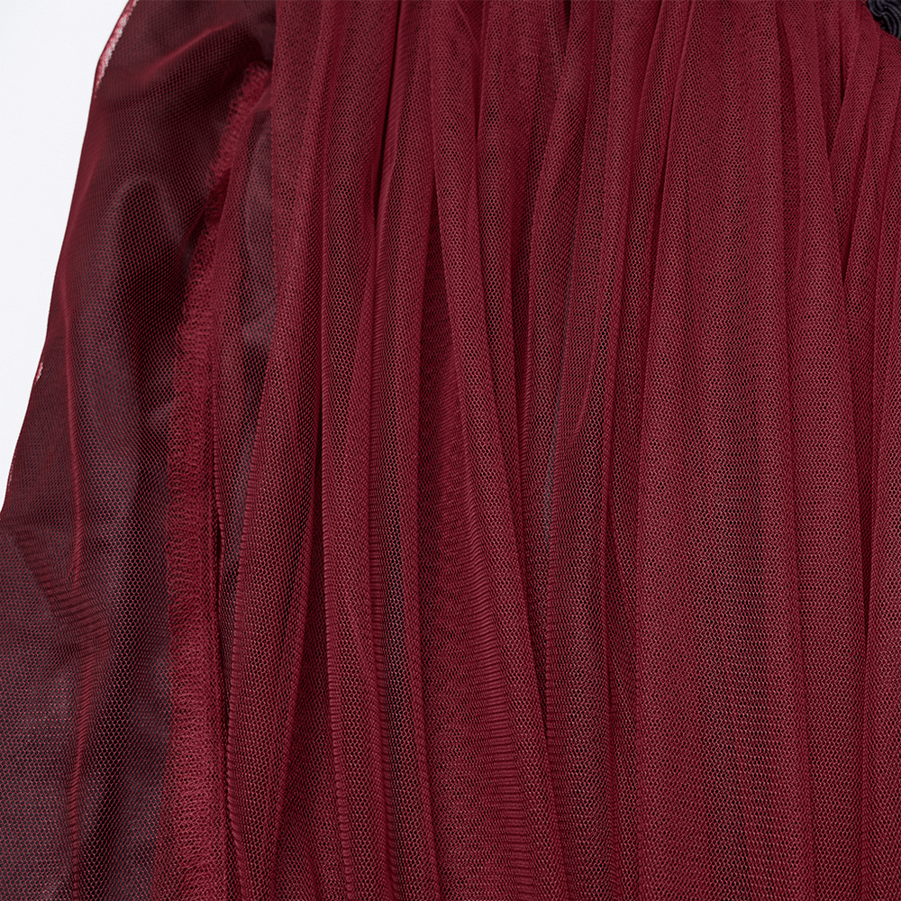 Gothic Red Lace and Mesh Flying Sleeve Maxi Dress detailed view of flowing burgundy mesh fabric and lace.