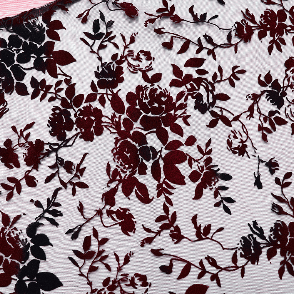 Gothic Red Lace and Mesh Flying Sleeve Maxi Dress fabric featuring elegant red floral pattern on delicate lace.