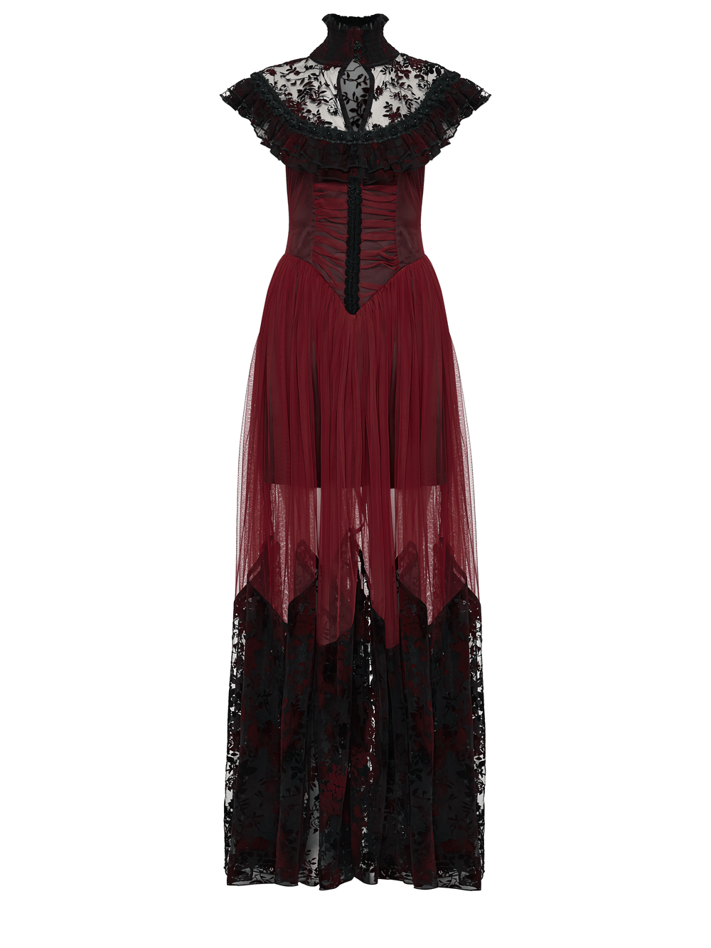 Gothic Red Lace and Mesh Flying Sleeve Maxi Dress showcasing elegant lace ruffles and flowing skirt.