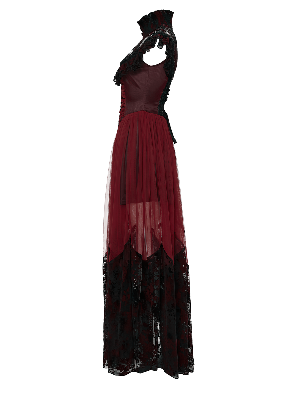 Gothic Red Lace and Mesh Flying Sleeve Maxi Dress featuring elegant lace ruffles and a flowing skirt in rich burgundy.