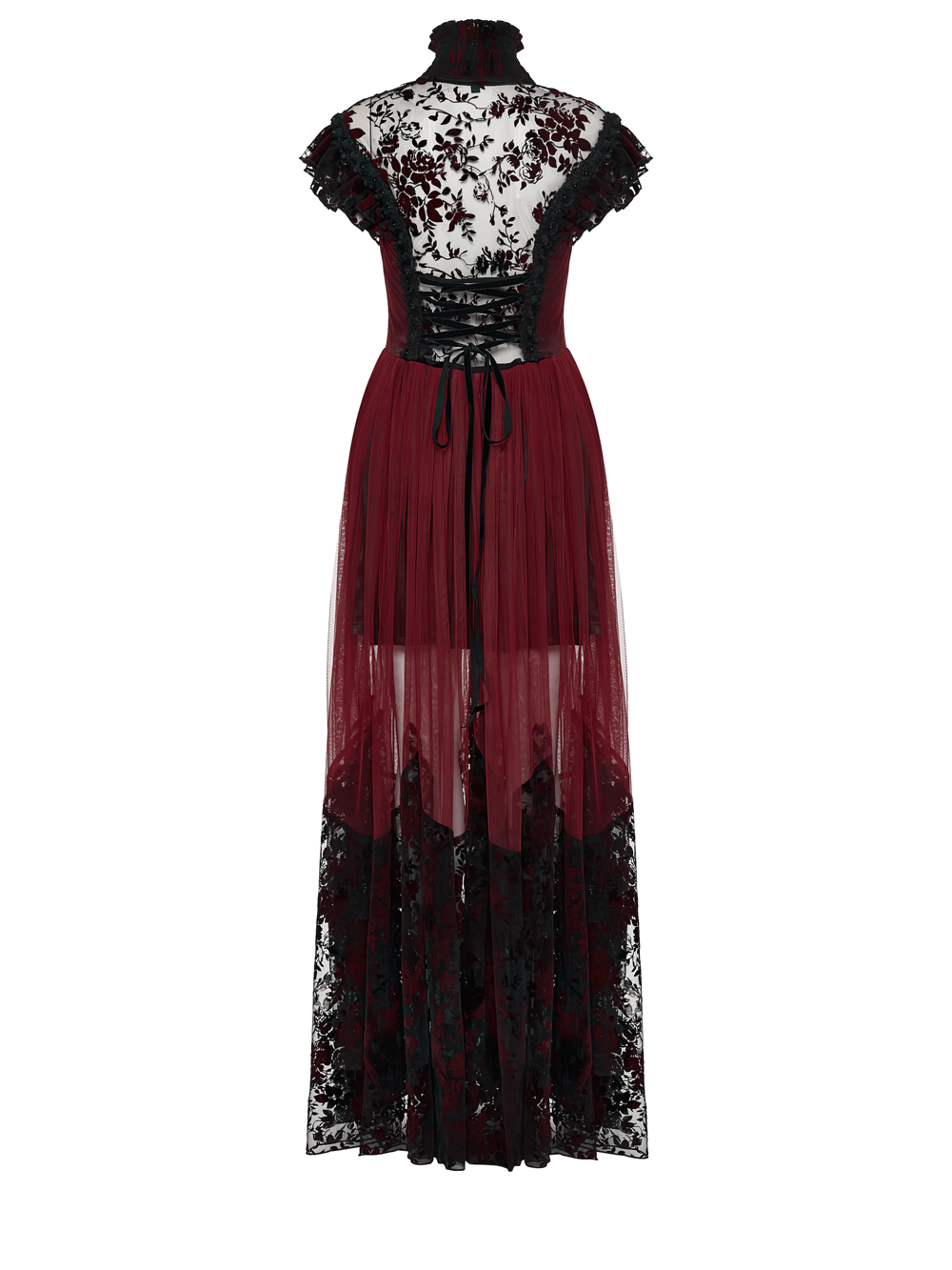 Gothic Red Lace and Mesh Flying Sleeve Maxi Dress featuring a flowy skirt and elegant lace details.
