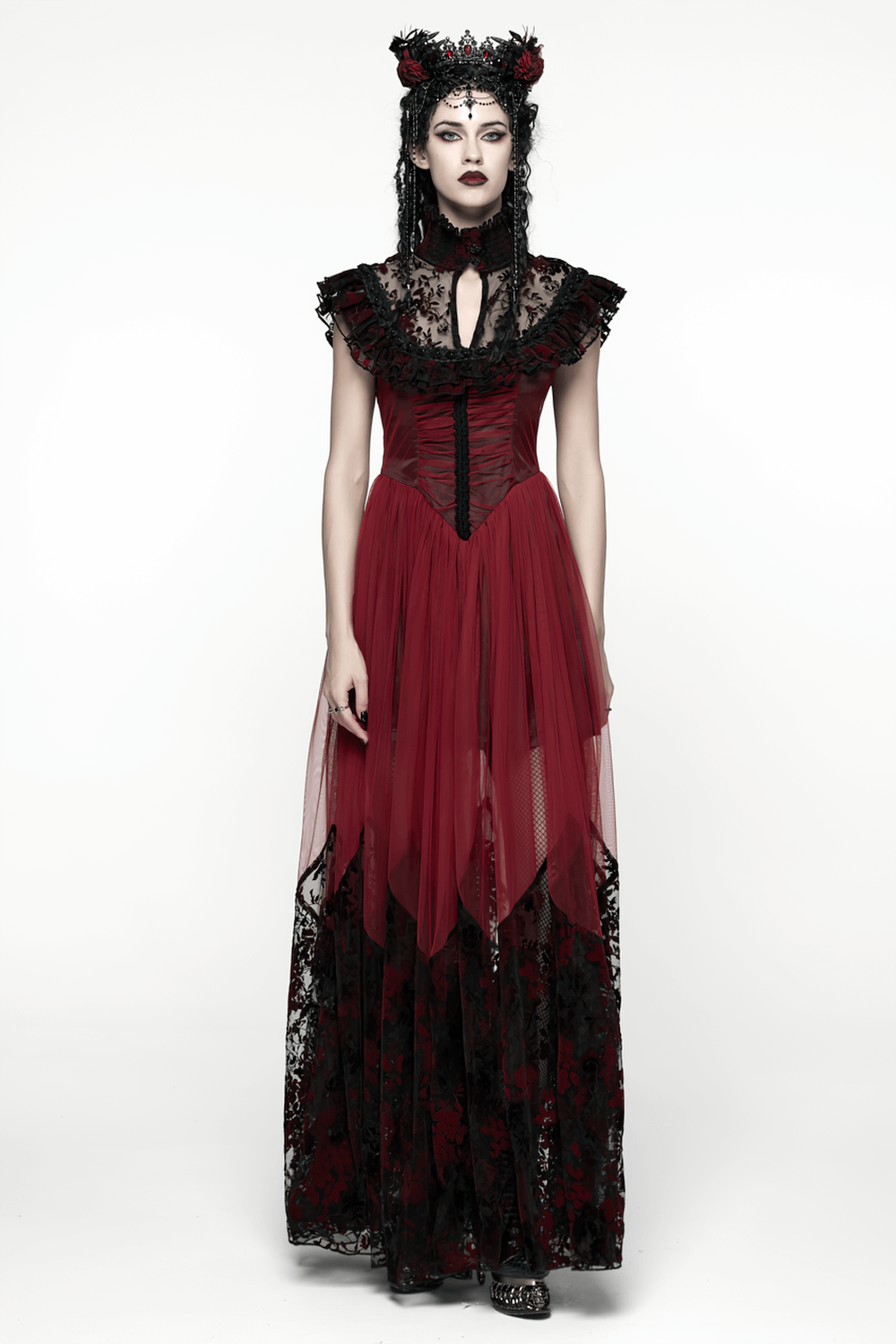 Gothic Red Lace and Mesh Flying Sleeve Maxi Dress worn by a model with a dramatic pose and elegant gothic accessories.