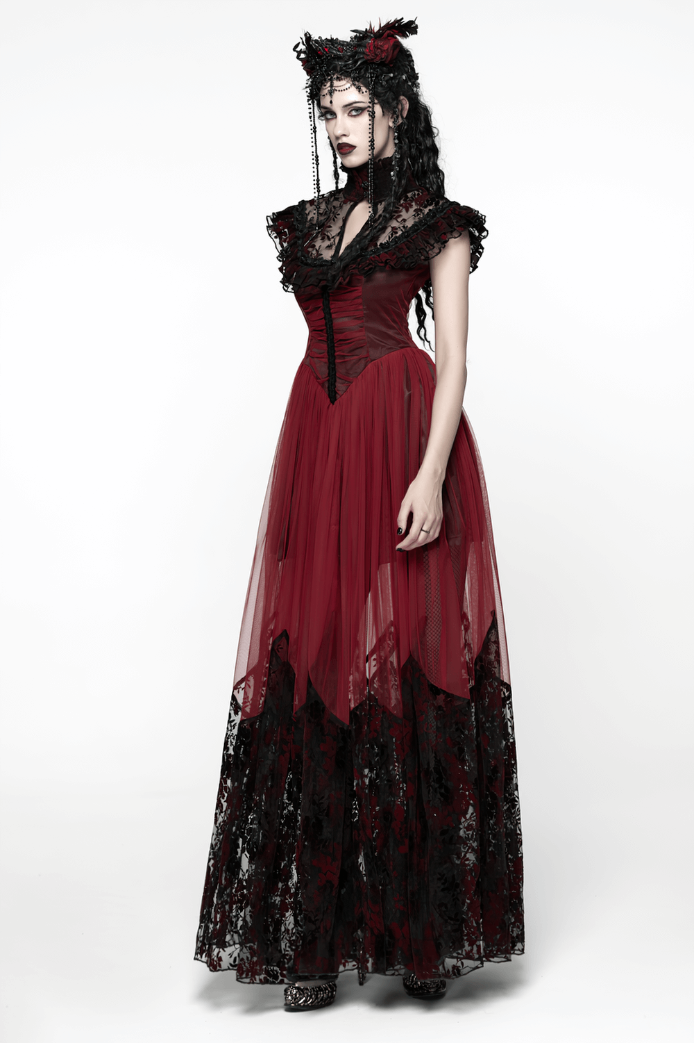 Gothic Red Lace and Mesh Flying Sleeve Maxi Dress worn by a model, showcasing elegant lace ruffles and a flowing skirt.