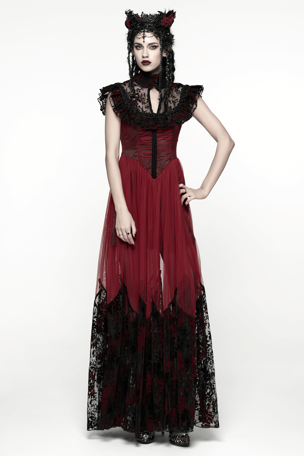 Gothic Red Lace and Mesh Flying Sleeve Maxi Dress featuring lace ruffles and roses, perfect for an elegant gothic look.