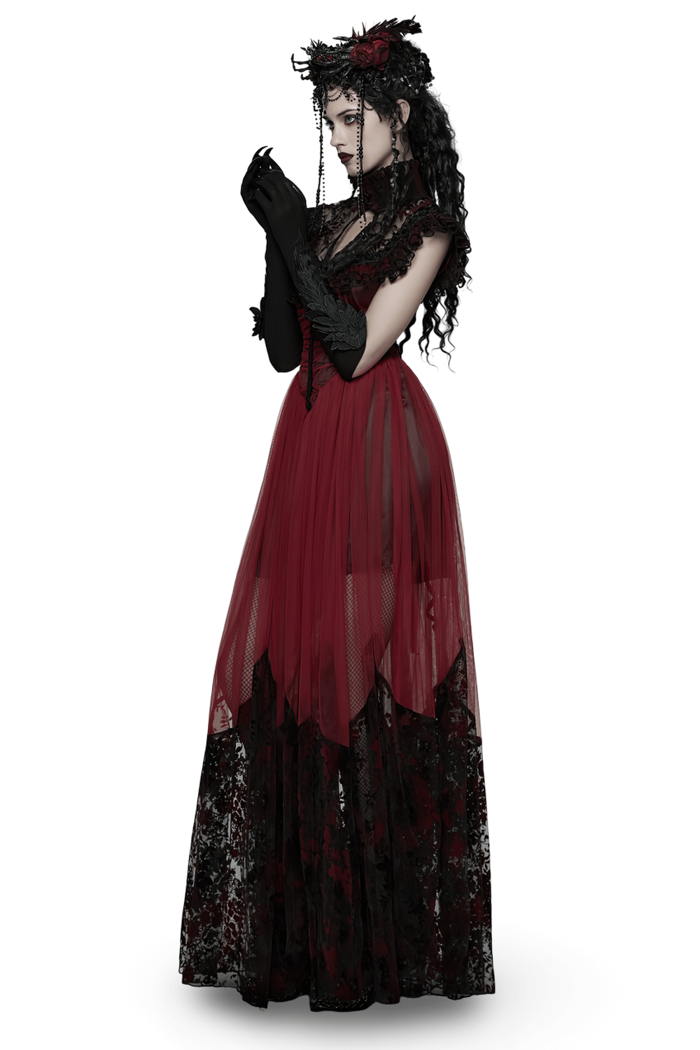 Gothic Red Lace and Mesh Flying Sleeve Maxi Dress worn by a model with elegant details and flowing skirt.