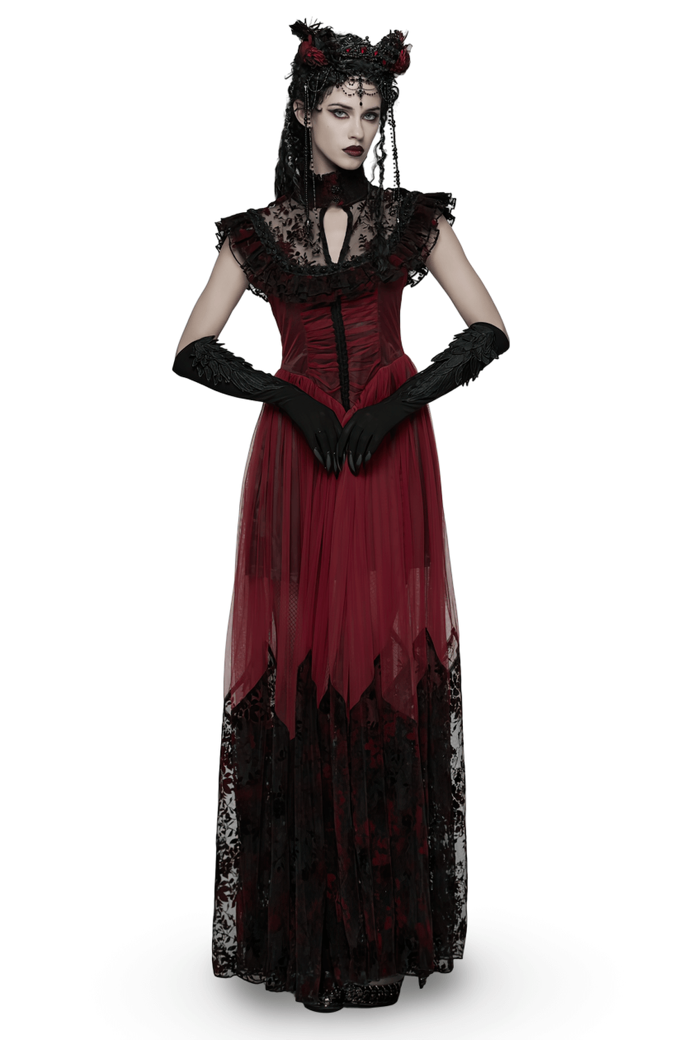 Gothic Red Lace and Mesh Flying Sleeve Maxi Dress showcased on model with dramatic black gloves and elegant lace details.