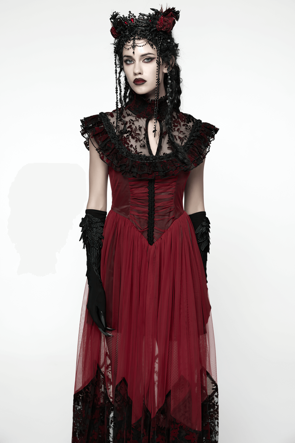 Gothic Red Lace and Mesh Flying Sleeve Maxi Dress featuring lace ruffles and a flowing skirt.