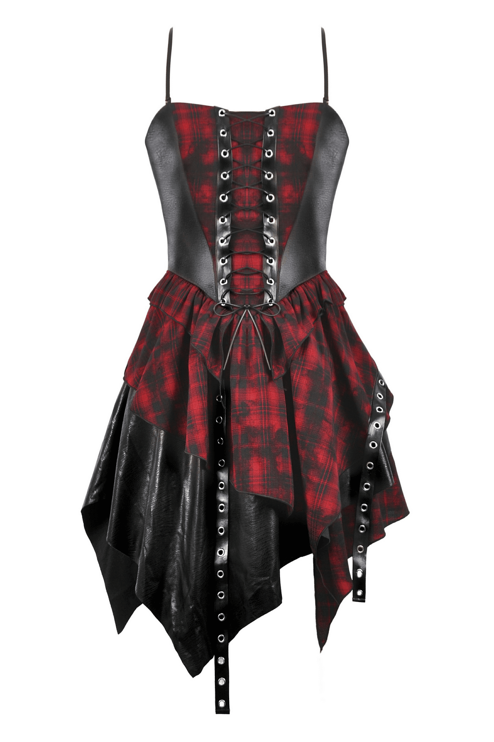 Gothic red plaid and leather dress featuring lace-up details and a stylish layered design.