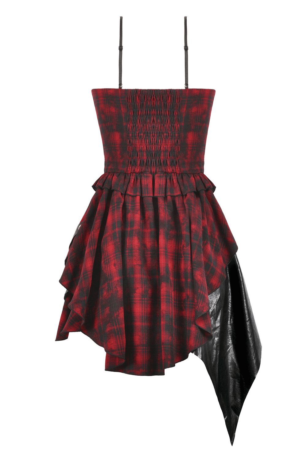 Gothic red plaid and leather dress with lace-up details, showcasing a stylish, edgy design perfect for bold fashion statements.