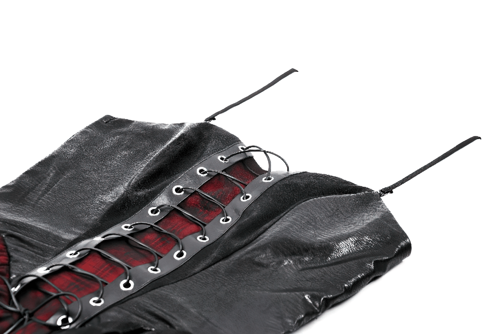 Gothic red plaid and leather dress featuring stylish lace-up details for a striking look.