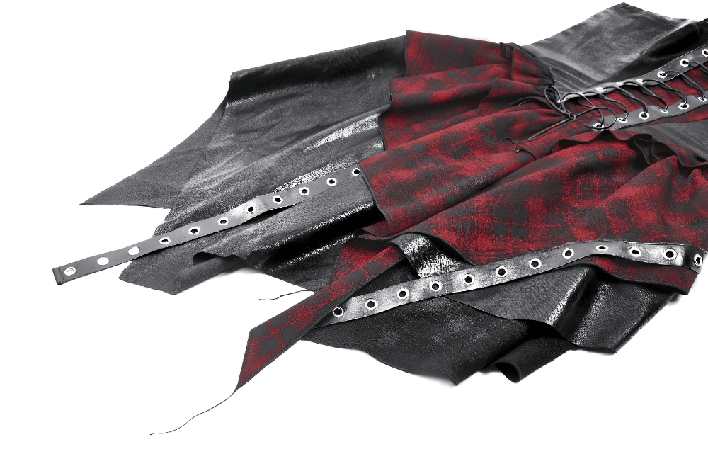 Gothic red plaid and leather dress featuring stylish lace-up details and edgy design elements.