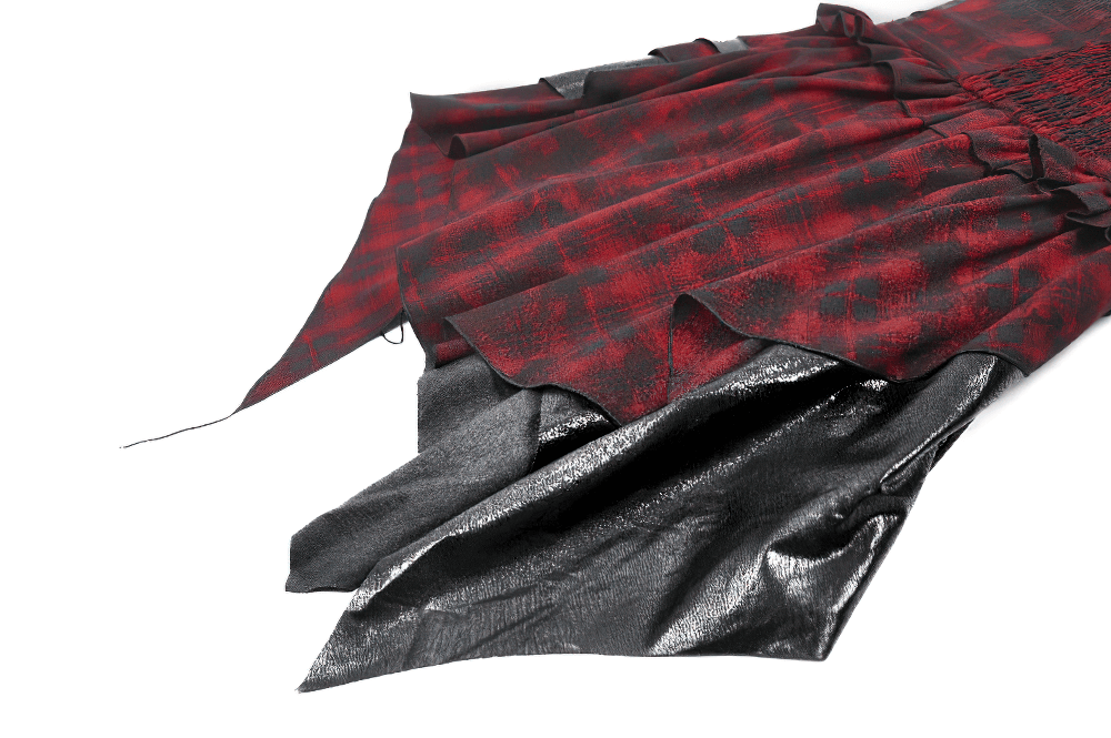 Gothic red plaid dress featuring leather accents and lace-up details, perfect for edgy fashion lovers.