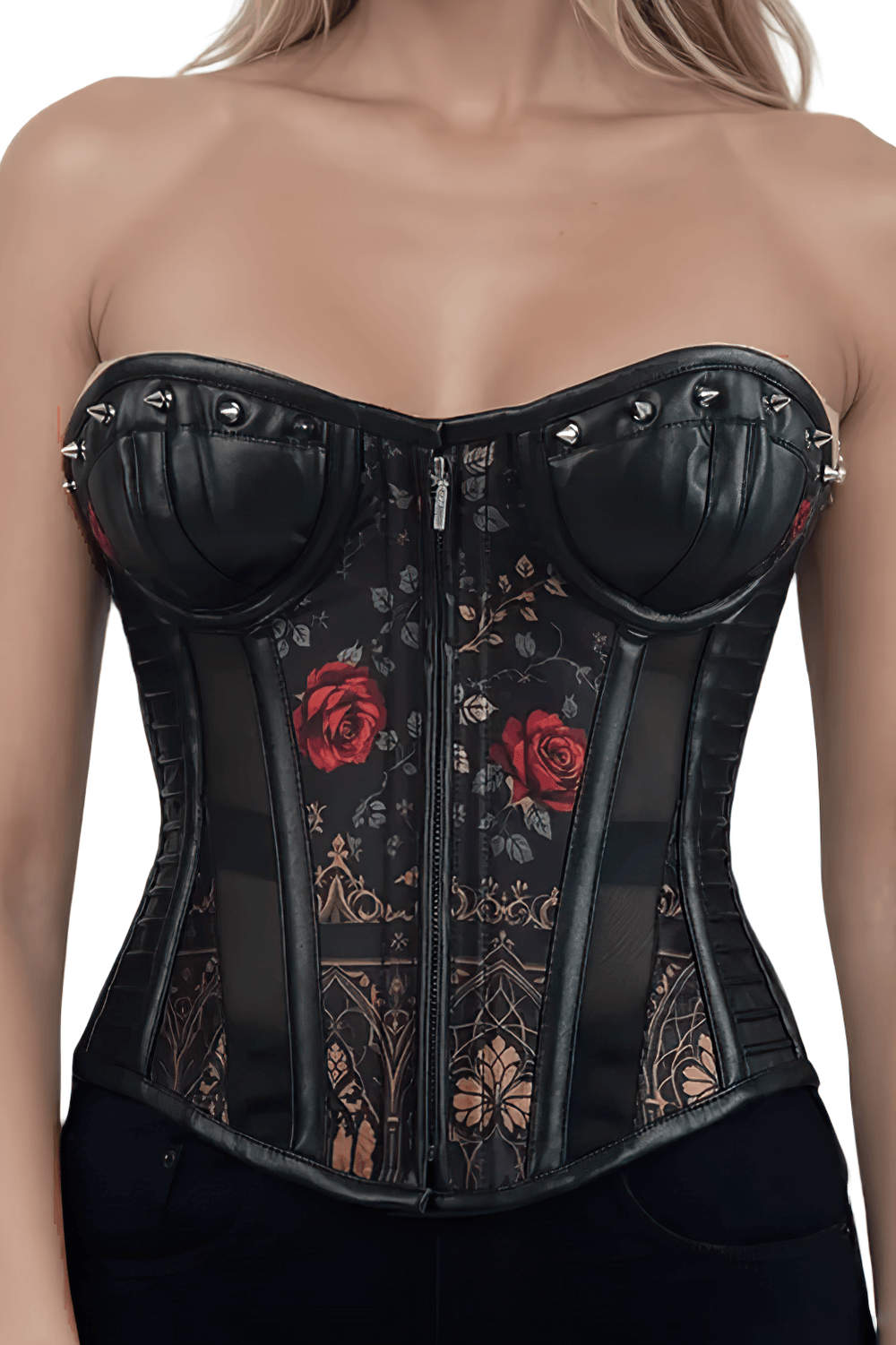 Gothic Red Rose Overbust Corset with Studded Details featuring black leather and romantic floral design.