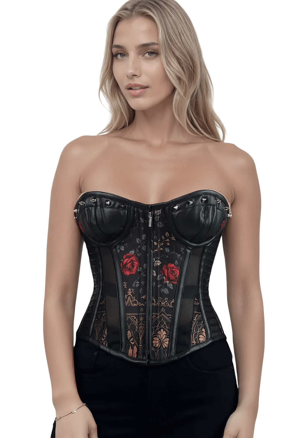 Gothic Red Rose Overbust Corset with Studded Details showcasing red roses and studs for a dark romantic look.