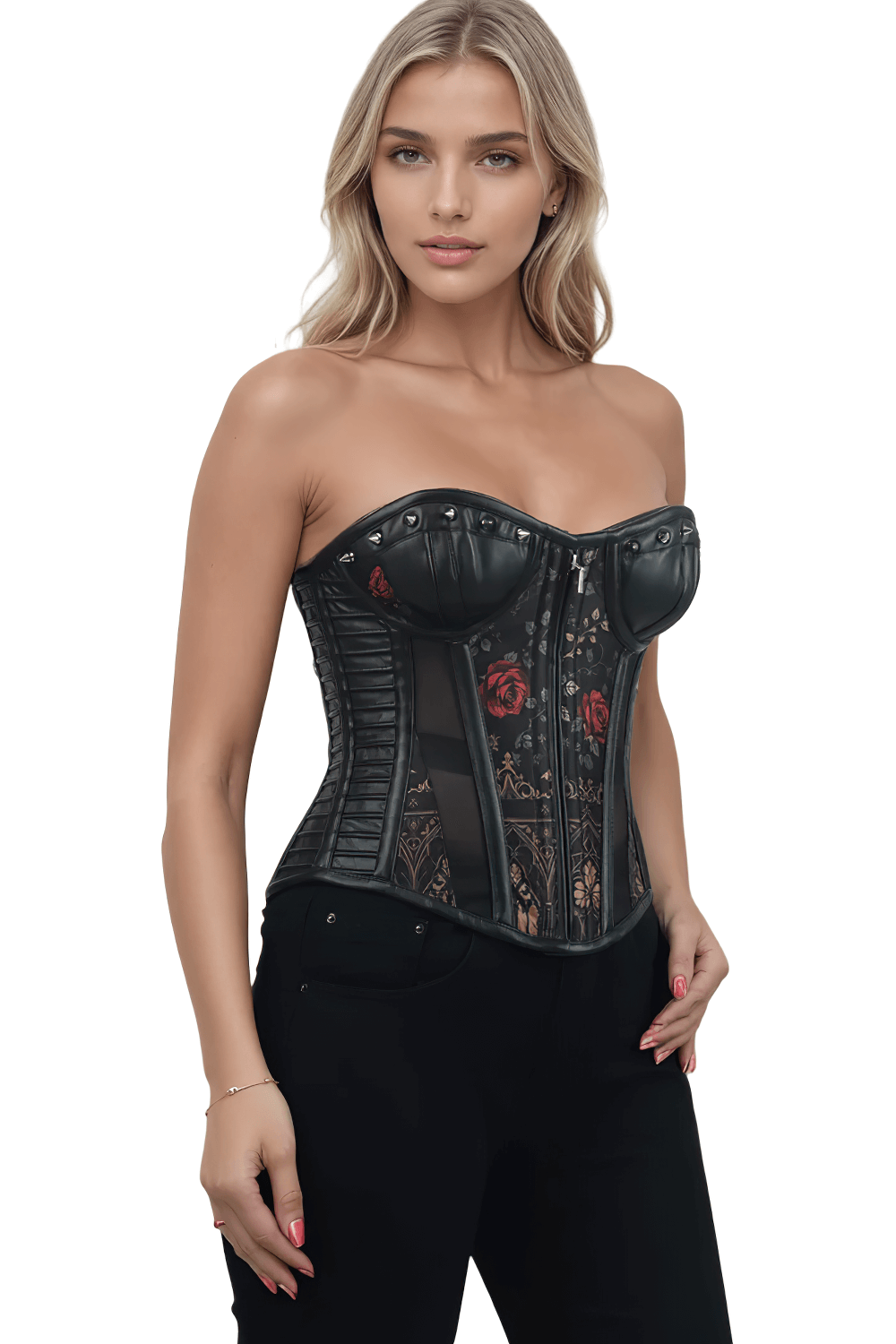 Gothic Red Rose Overbust Corset with Studded Details worn by model, featuring red roses and intricate patterns.