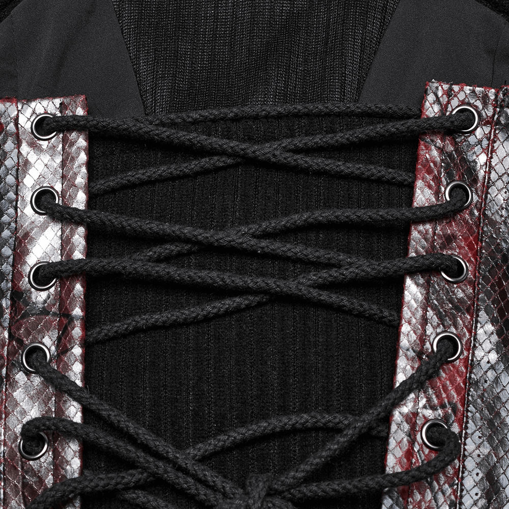 Close-up of crisscross lacing on a Gothic red snake print tube top with black rib knit.