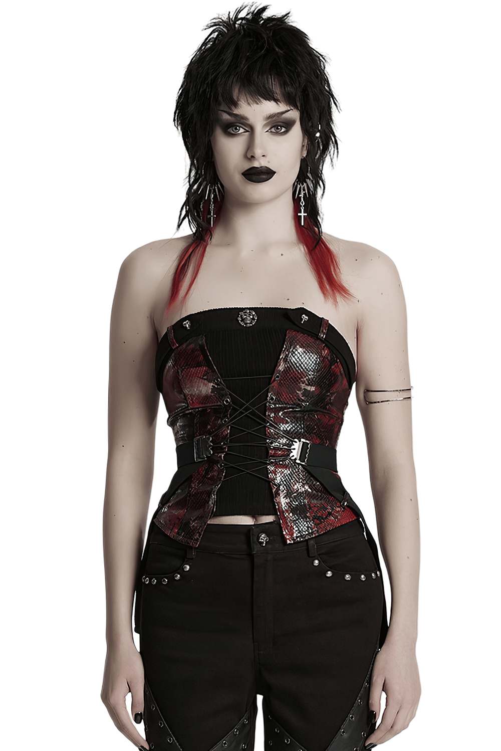 Gothic red snake print tube top with lace and buckles, showcasing punk style and fierce attitude.