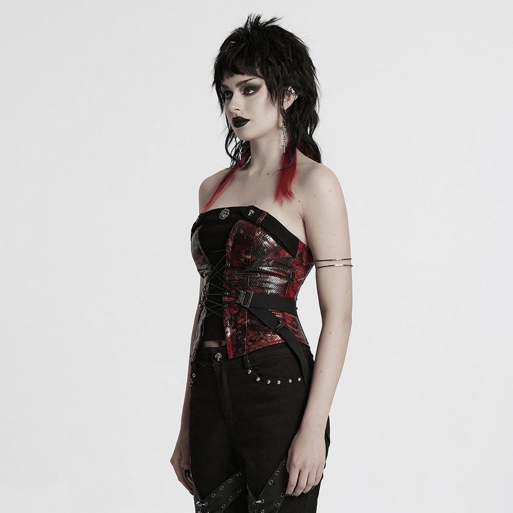 Model in Gothic red snake print tube top with lace and buckles, showcasing bold punk style and edgy fashion.