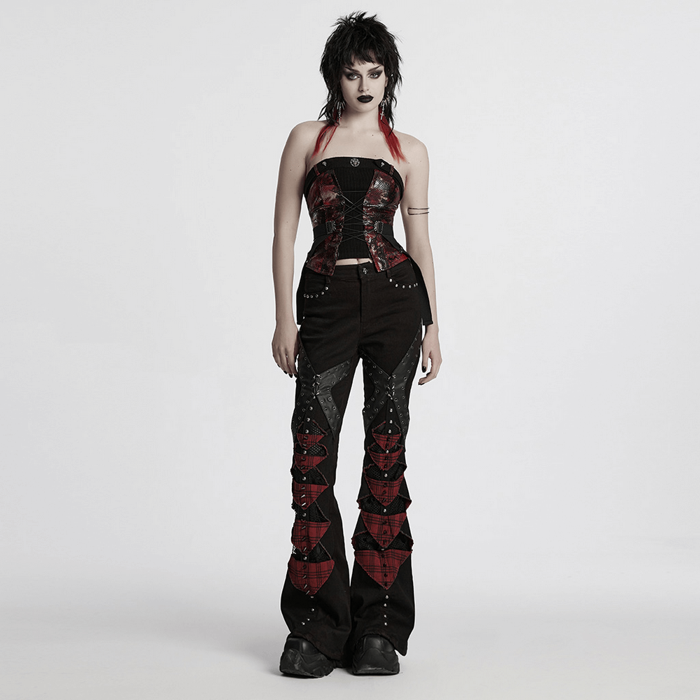 Gothic red snake print tube top with lace and buckles paired with edgy black pants in a punk-inspired outfit.