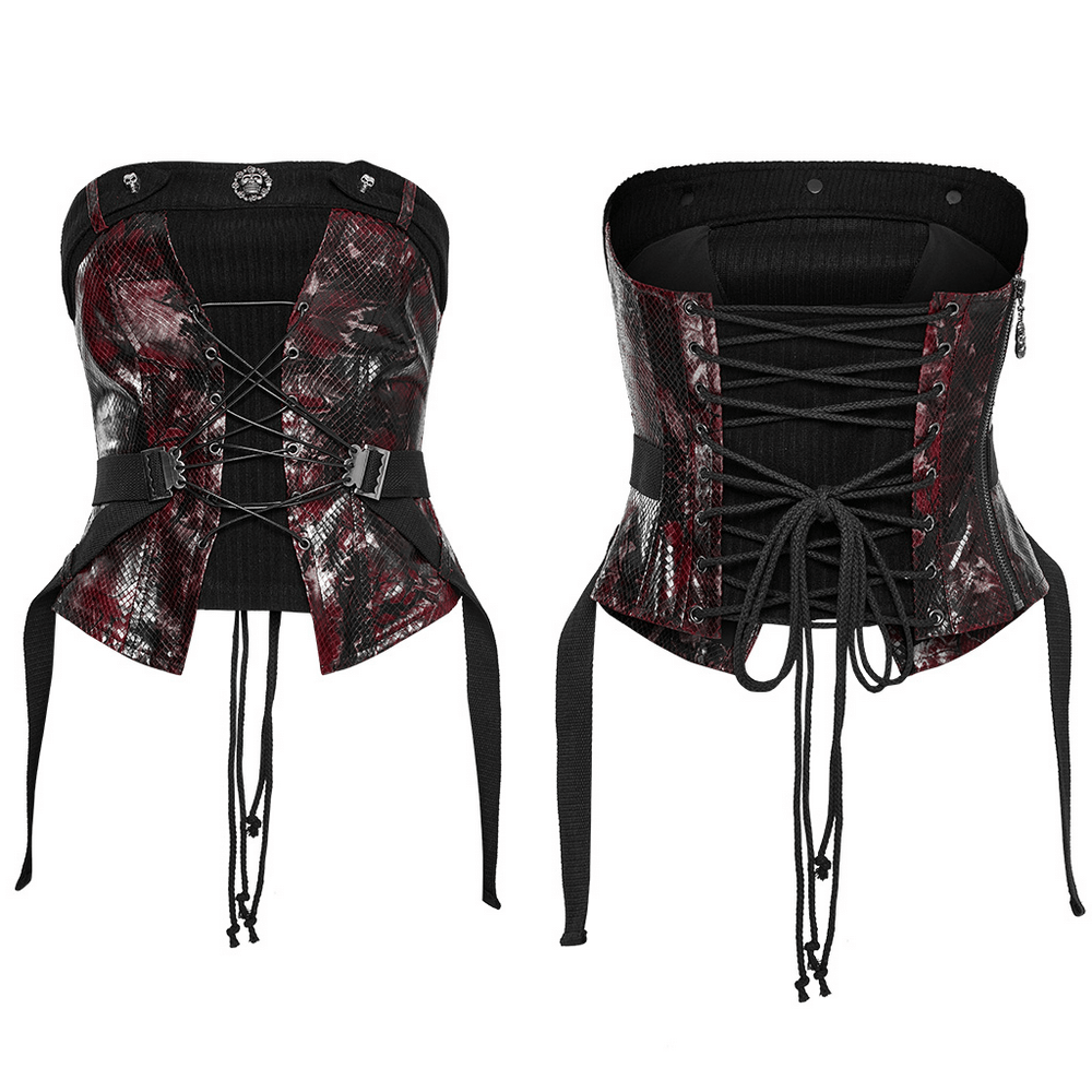 Gothic red snake print tube top with lace, buckles, and adjustable drawstrings, exuding punk style and fierce attitude.