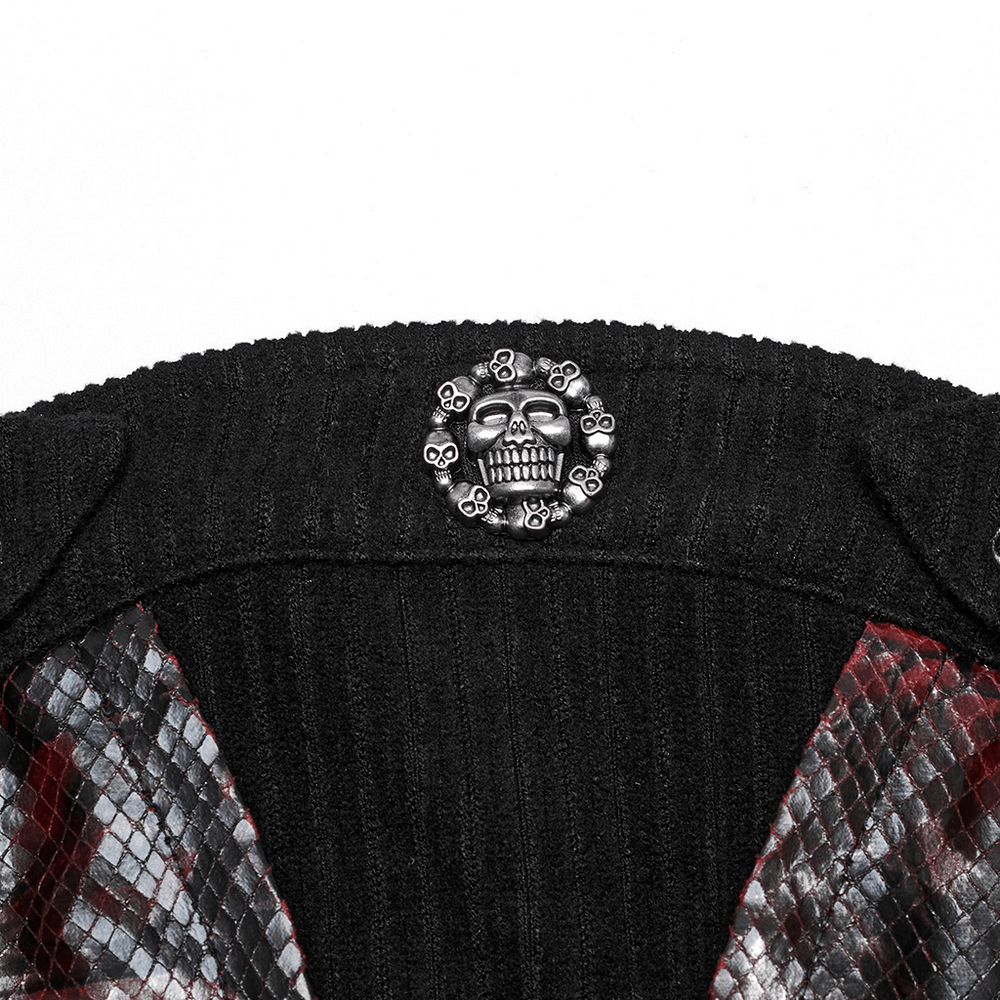 Close-up of skull button on gothic red snake print tube top, showcasing punk style and edgy details.