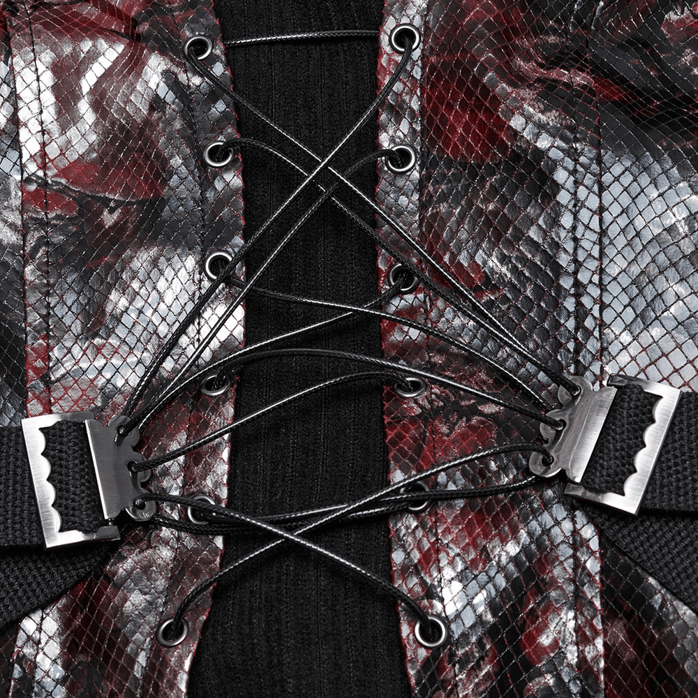 Close-up of gothic red snake print tube top with crisscross lacing and adjustable side buckles.