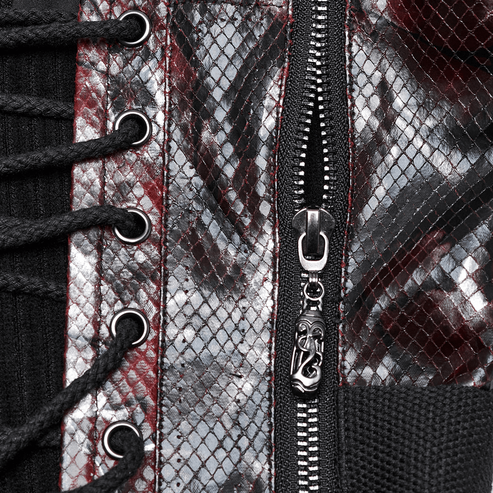 Close-up of gothic red snake print fabric with zip and crisscross lacing details on a tube top.
