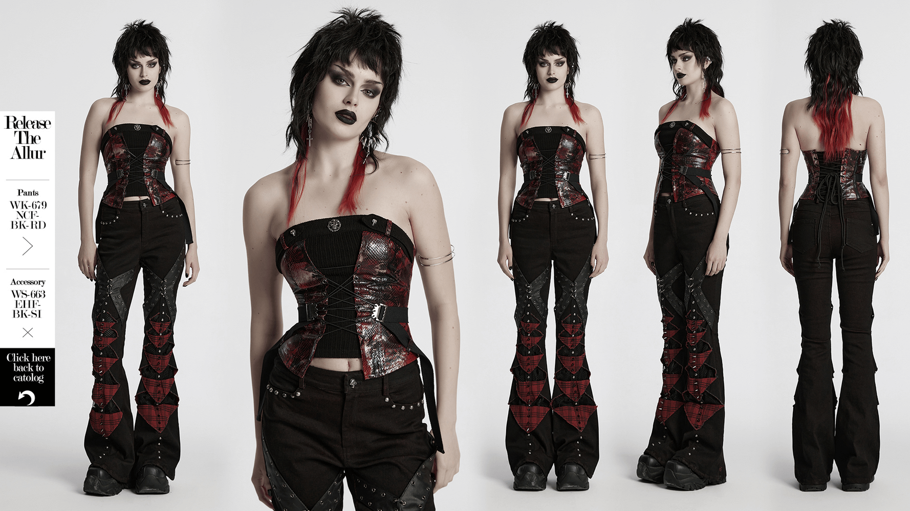Gothic red snake print tube top with lace and buckles, styled with flared black punk pants.