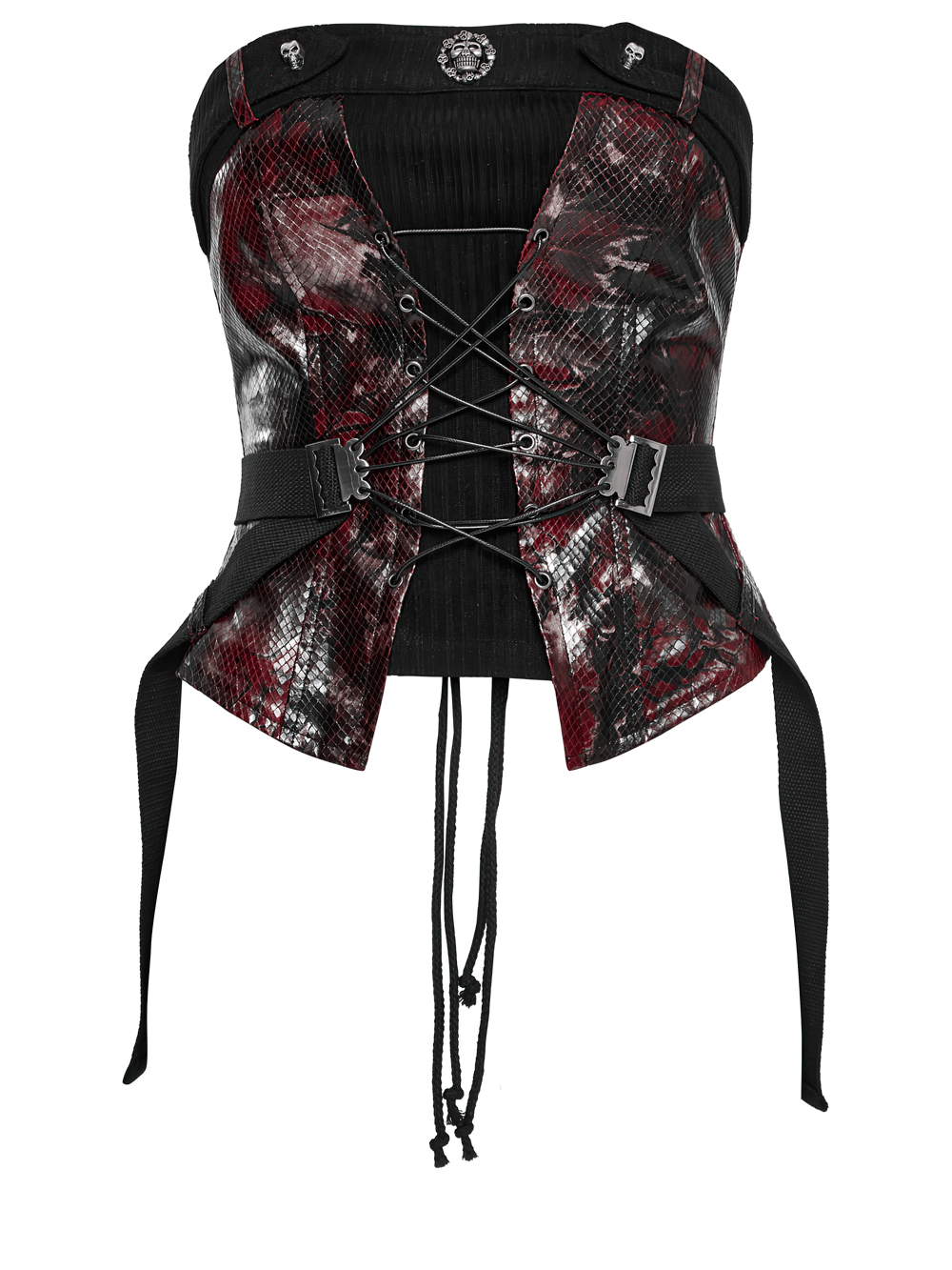 Gothic red snake print tube top with lace, buckles, and punk vibes for fierce fashionistas.