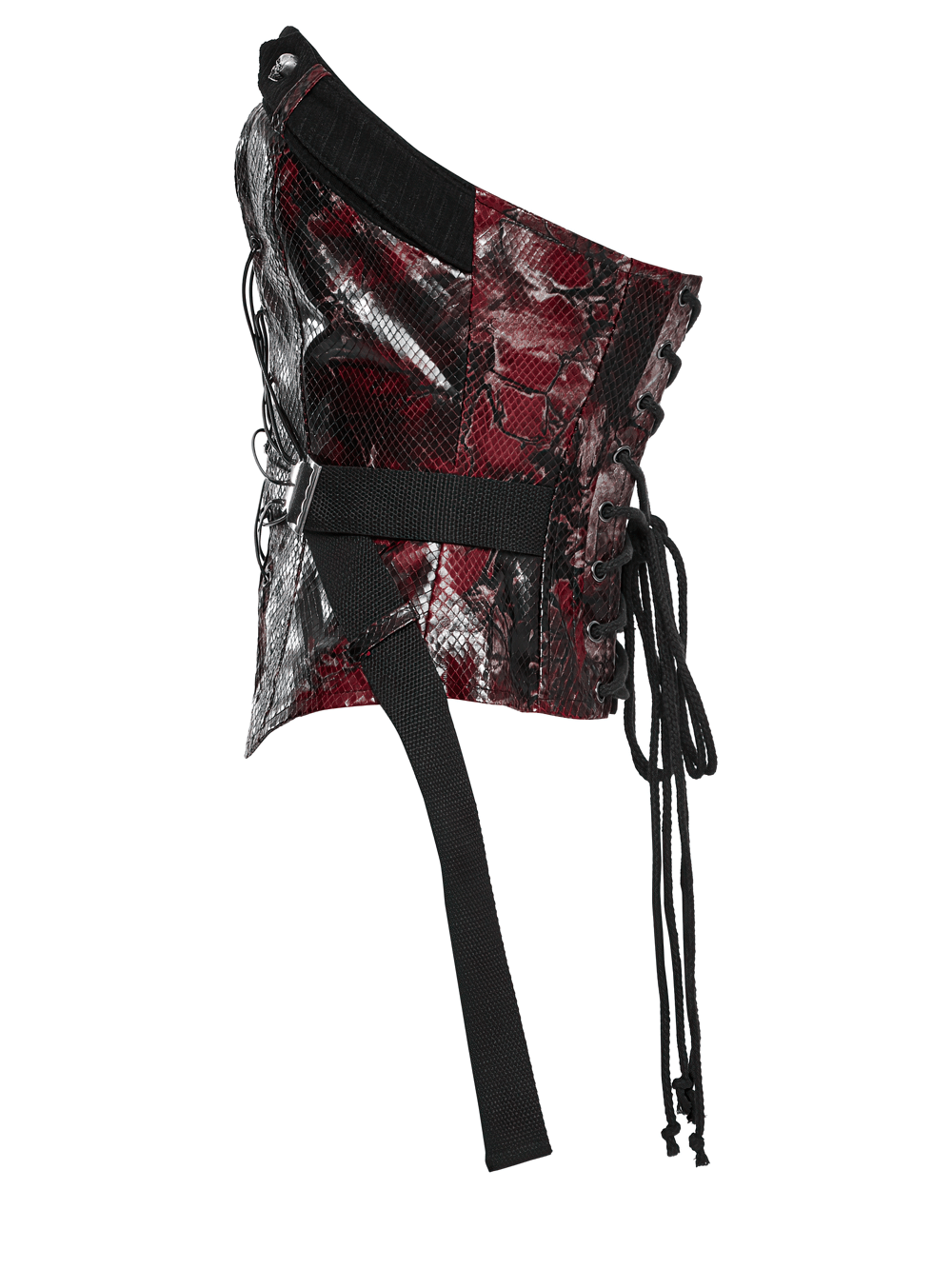 Gothic red snake print tube top with lace, buckles, and a stylish one-shoulder design for a fierce punk look.