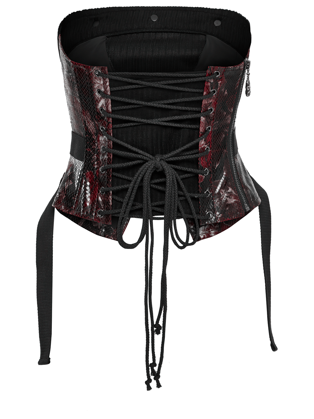 Gothic red snake print tube top with lace-up detailing and side buckles for a bold punk look.