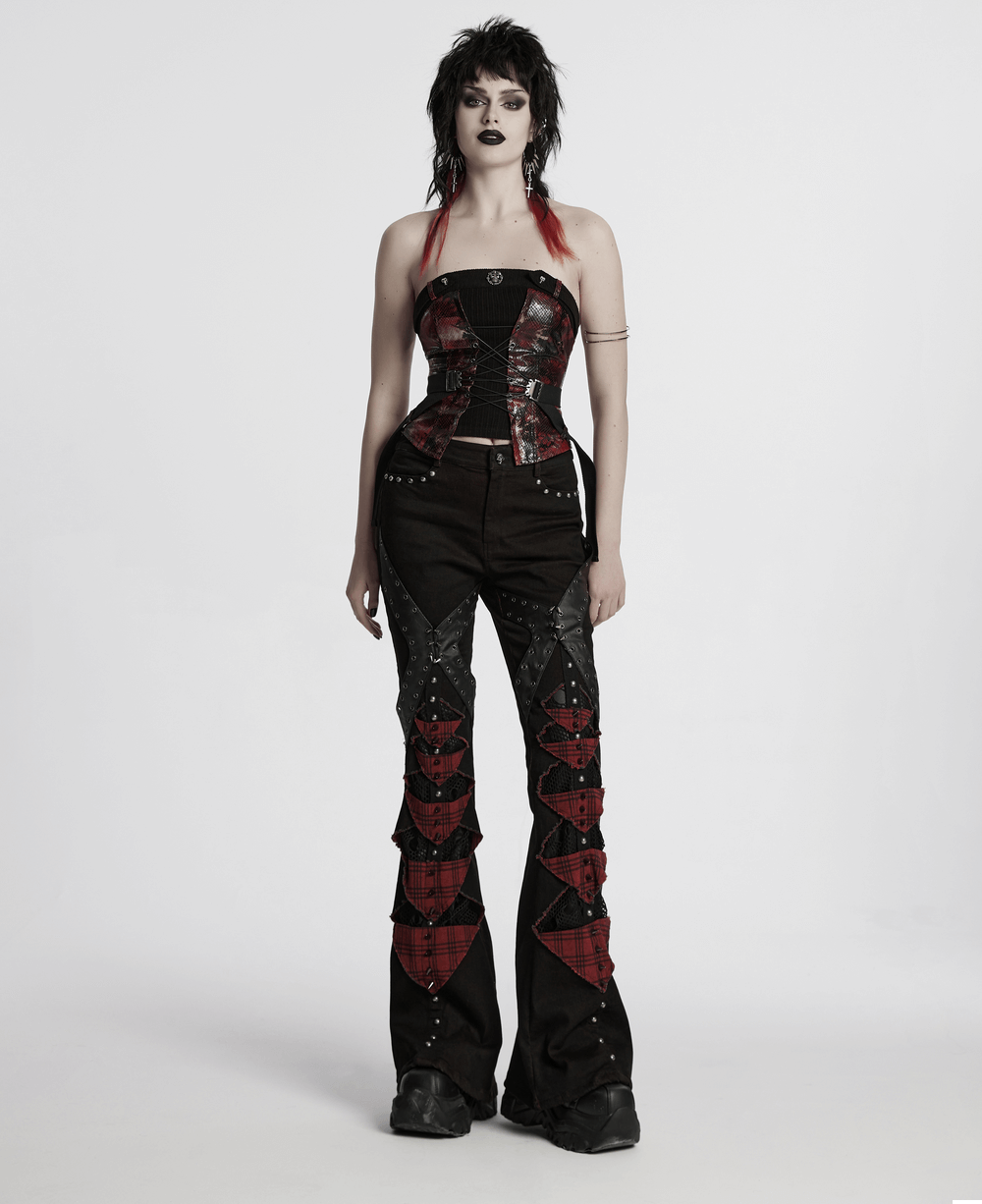 Gothic red snake print tube top with lace, buckles, and edgy black pants for a punk-inspired look.