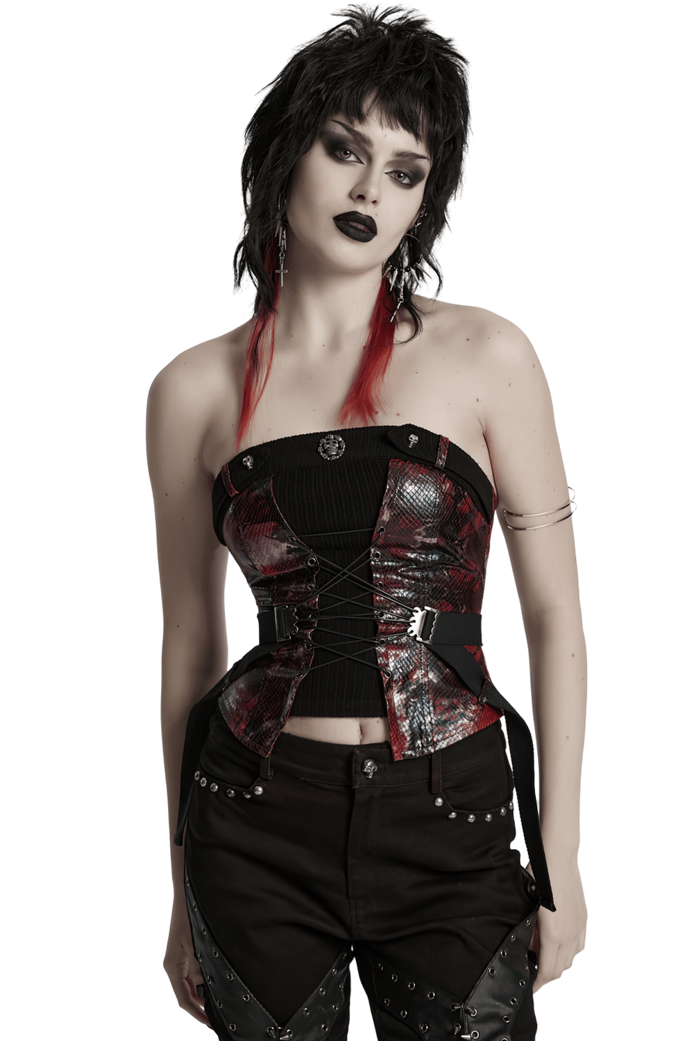 Gothic red snake print tube top with lace and buckles, showcasing punk style and bold attitude.