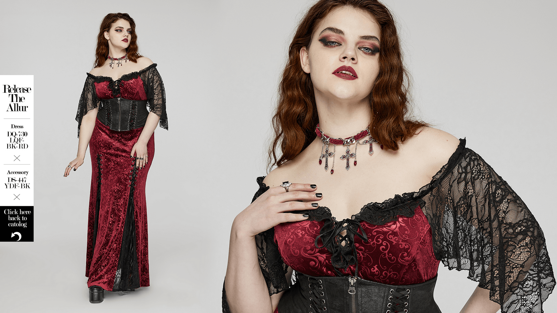 Elegant woman in a gothic red velvet dress with black lace sleeves and accessories, showcasing a dark romantic aesthetic.
