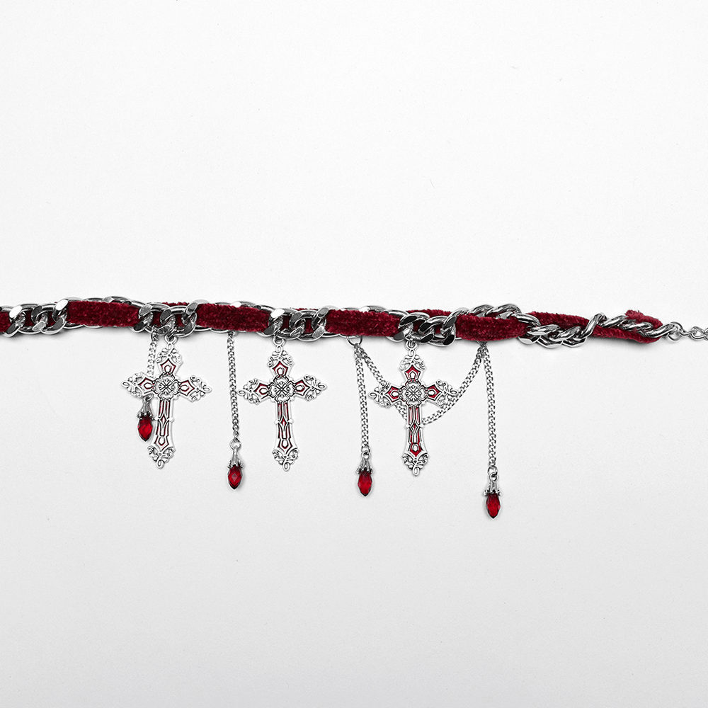 Gothic red velvet choker necklace with silver cross pendants and tassels, perfect for adding elegance and edge.