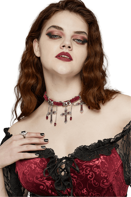 Gothic-Halskette mit Kreuz aus rotem Samt für Damen