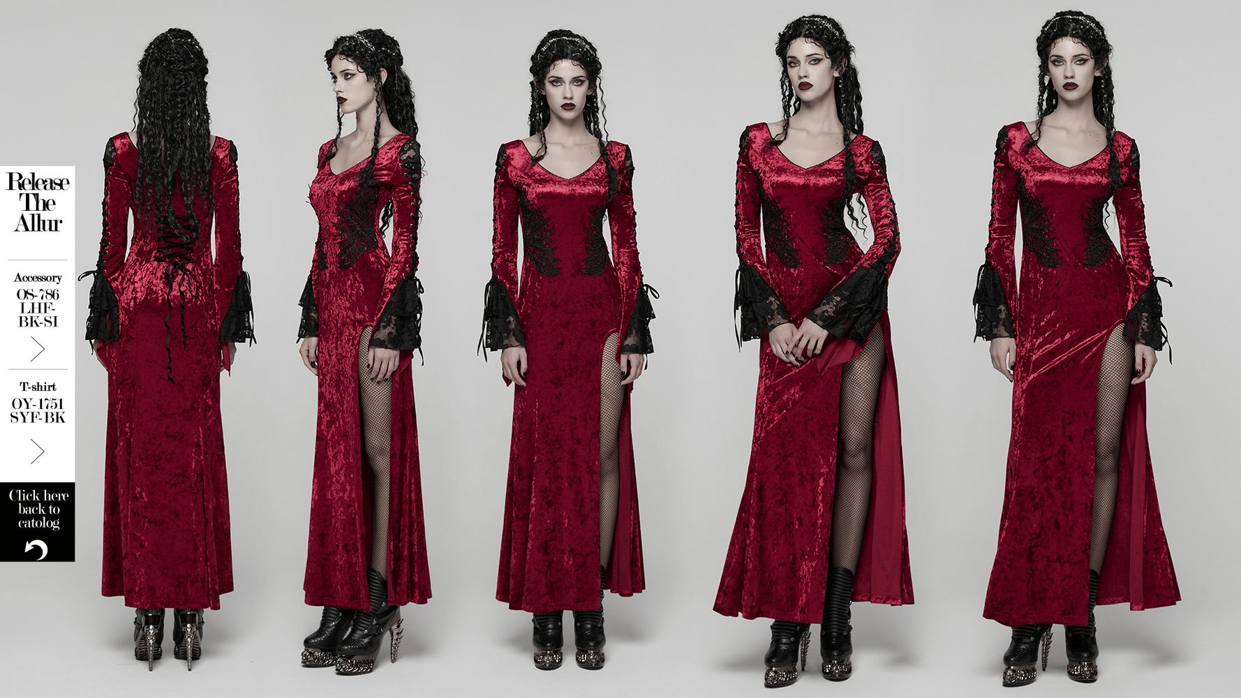 Gothic Red Velvet Dress with Lace-up Back and High Slit showcasing elegant design and edgy style.