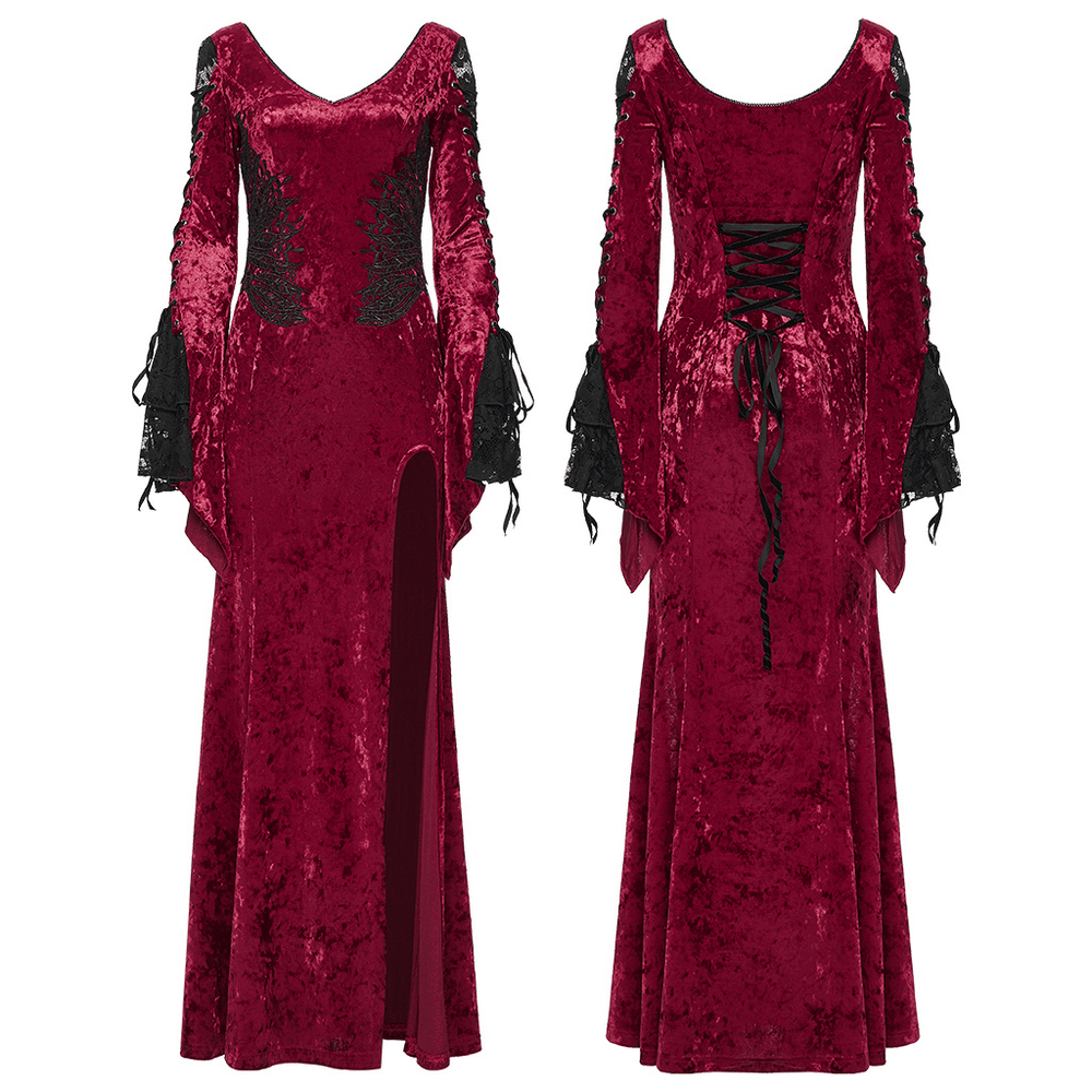 Gothic Red Velvet Dress with Lace-up Back and High Slit showcasing elegant lace details and a dramatic slit.