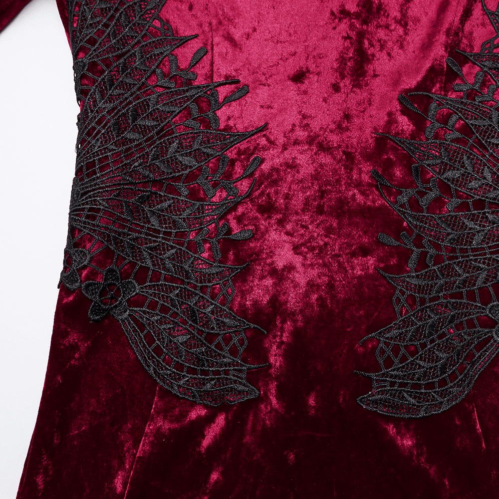 Gothic Red Velvet Dress with Lace-up Back and High Slit showing intricate lace details and rich burgundy fabric.
