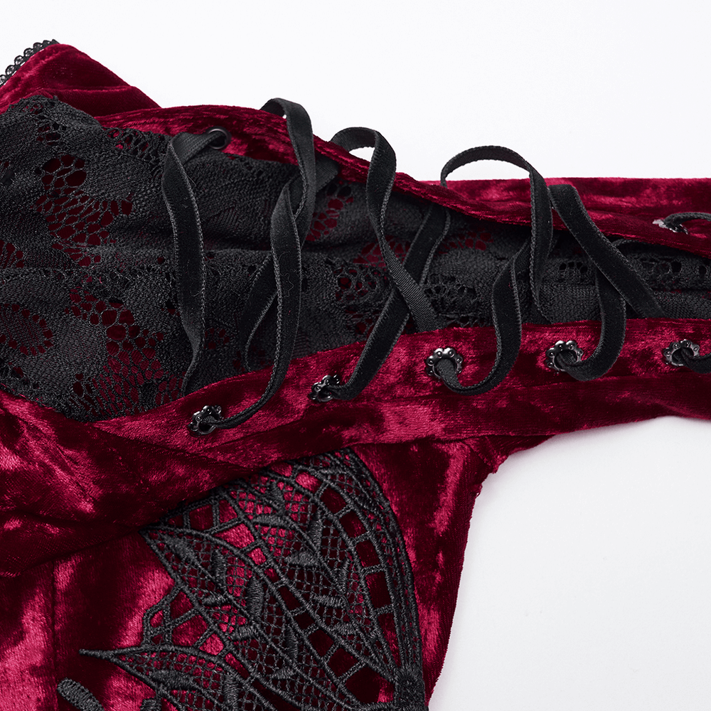 Gothic Red Velvet Dress with Lace-up Back and High Slit close-up showing lace details and ruffled sleeves.