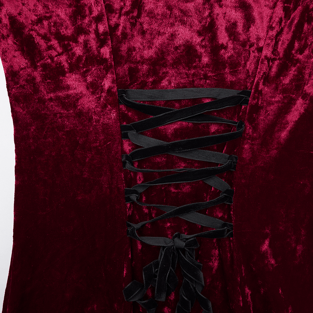 Gothic Red Velvet Dress with Lace-up Back and High Slit showing intricate laced back detail in rich velvet fabric.