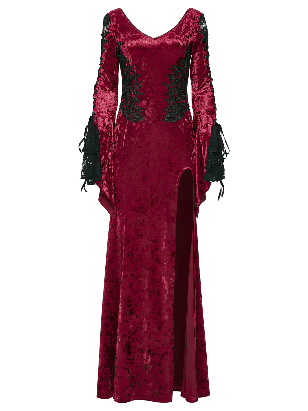 Gothic Red Velvet Dress with Lace-up Back and High Slit showcasing lace accents and elegant design.