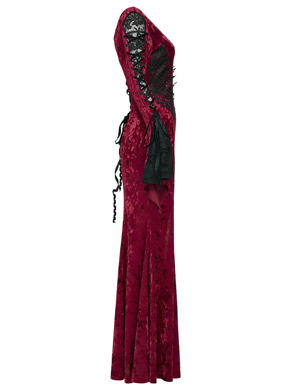 Gothic Red Velvet Dress with Lace-up Back and High Slit side view showcasing elegant design and rich color.