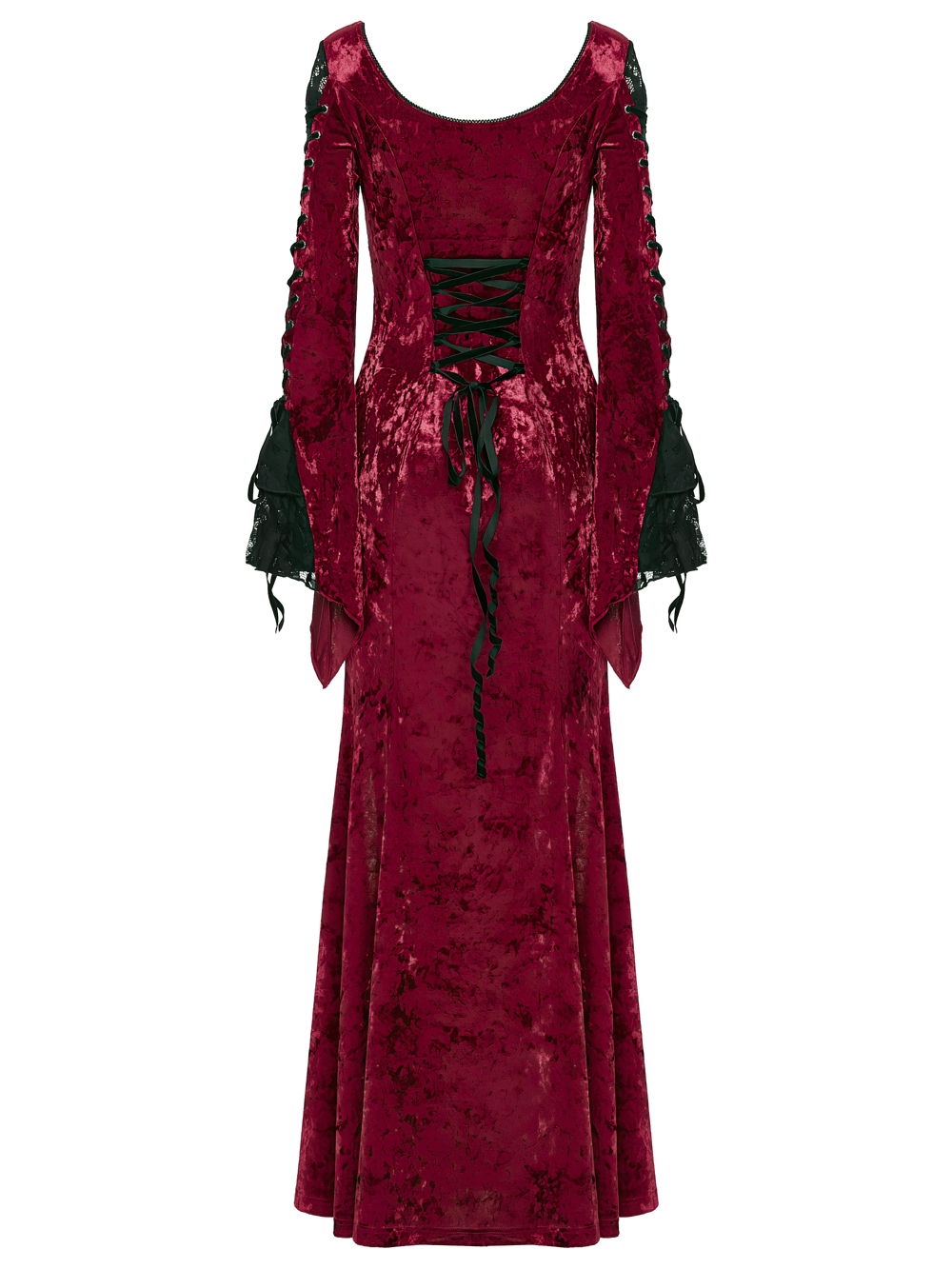 Gothic Red Velvet Dress with Lace-up Back and High Slit showcasing elegant design and luxurious fabric.