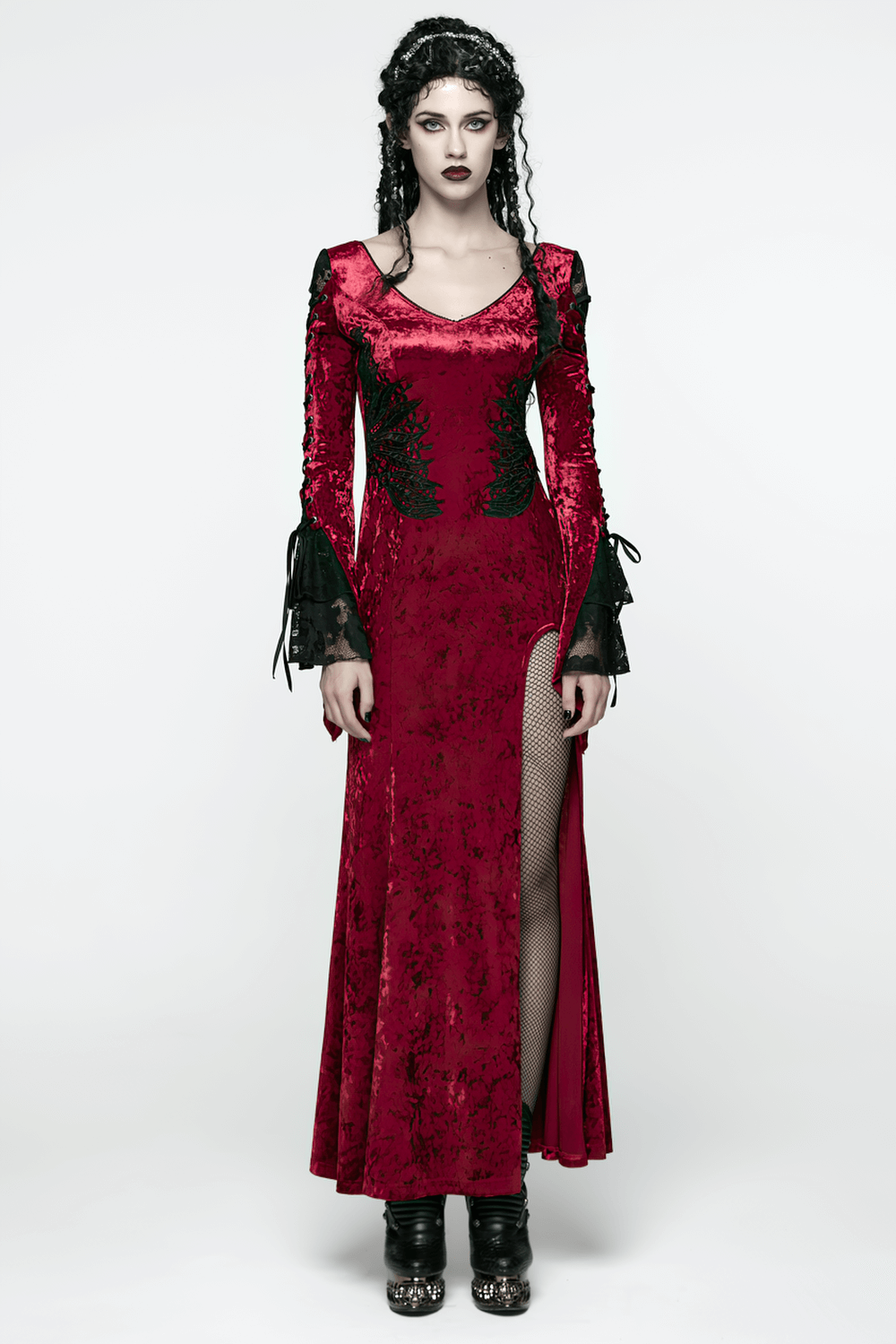 Gothic Red Velvet Dress with Lace-up Back and High Slit showcased on a model, highlighting its elegant design and edgy style.