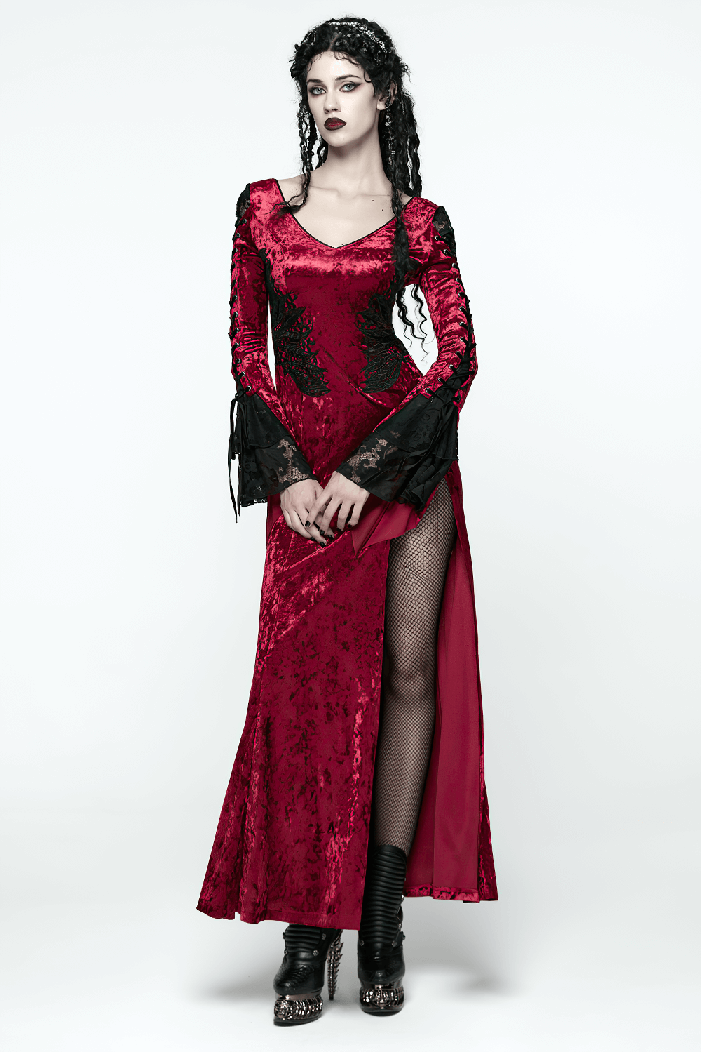 Gothic Red Velvet Dress with Lace-up Back and High Slit, elegant goth style with lace-up back and high slit.
