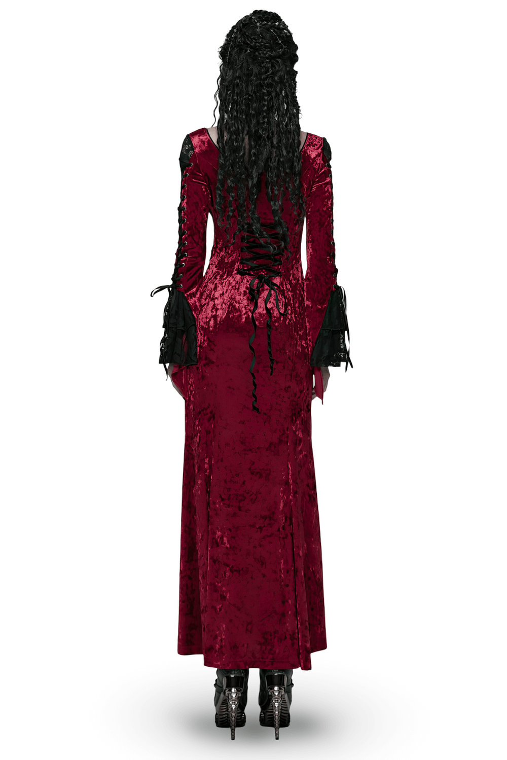 Gothic Red Velvet Dress with Lace-up Back and High Slit showcasing elegant lace-up detail and ruffled sleeves.