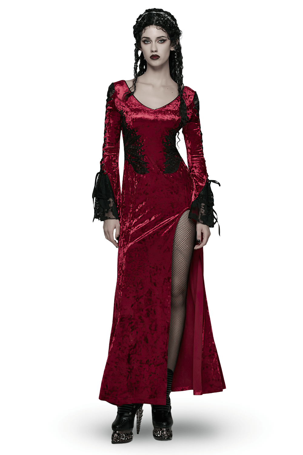 Gothic Red Velvet Dress with Lace-up Back and High Slit on a model showcasing elegant goth style.