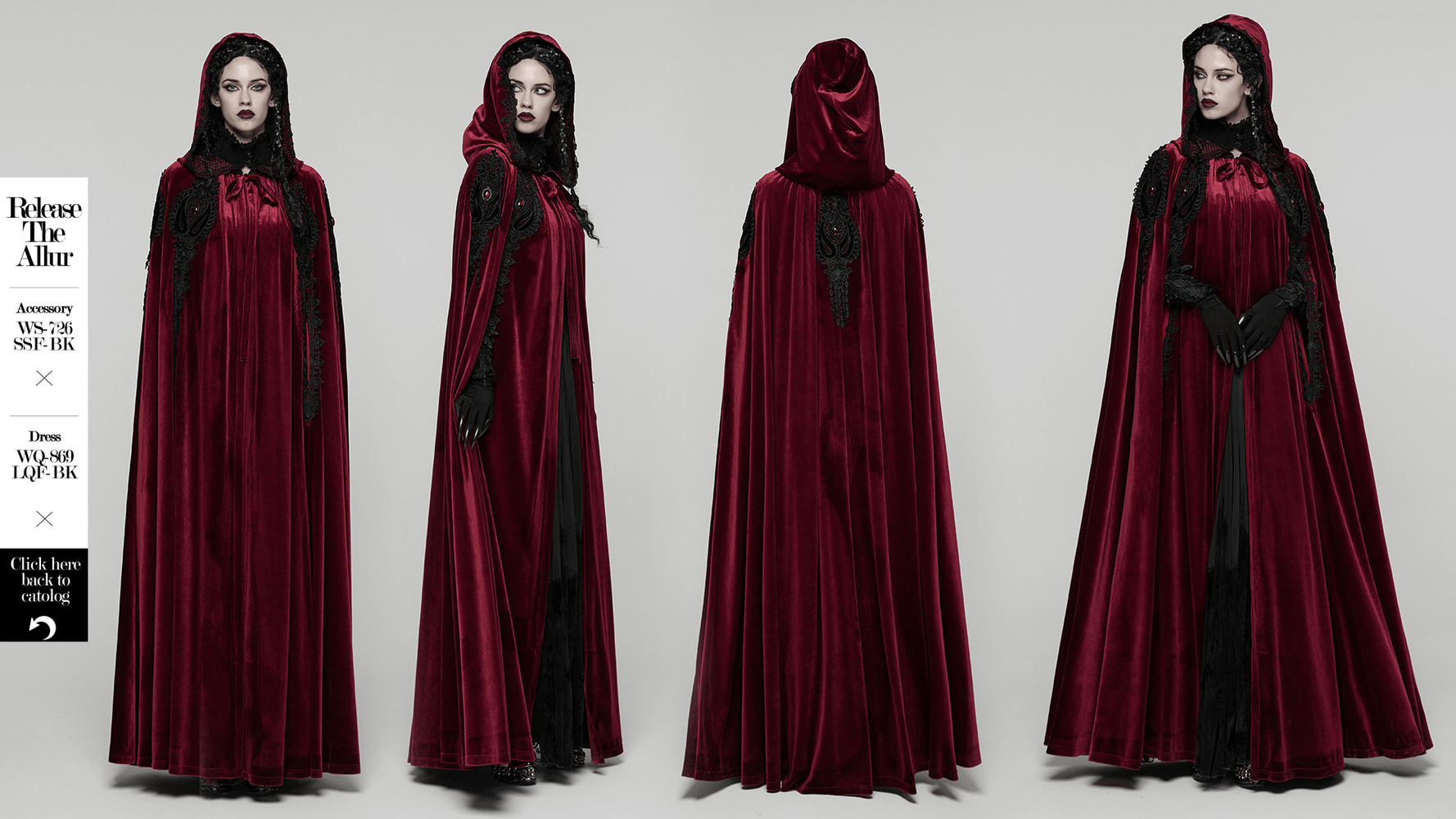 Gothic Red Velvet Hooded Cloak with Black Lace Trim, featuring elegant lace details and embroidered appliques.